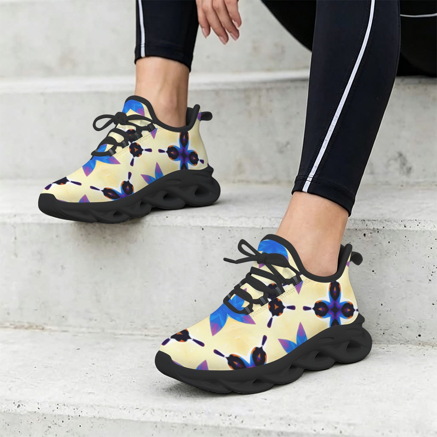 Women's Blue Floral Kaleidoscope Pattern All-Over Print Twisted Sole Sneakers