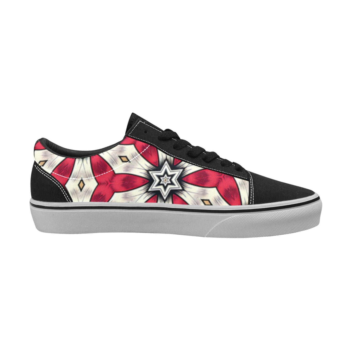 Women's Red & White Geometric Star Pattern Low Top Skateboarding Shoes.