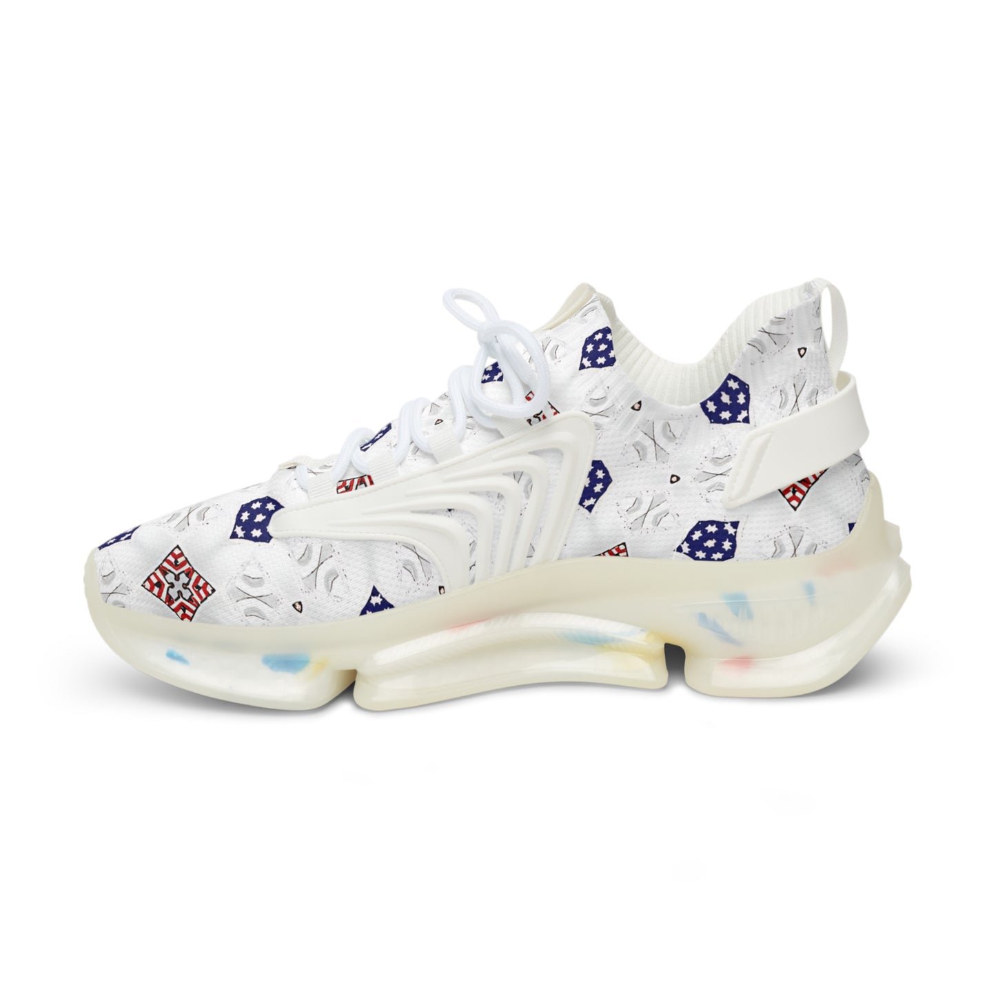 Men's White Blue & Red Patterned Mesh Sneakers