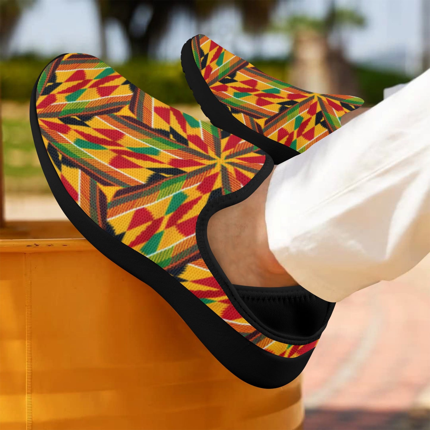 Men's Vibrant African Kente Geometric All-Over Print Fly Weave Drop-in Heel Sneakers