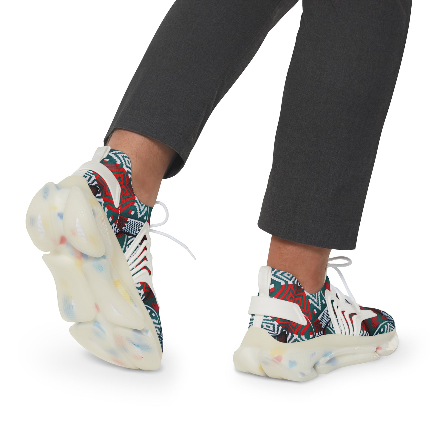 Men's Red & Teal Aztec Geo Pattern All Over Print Mesh Sneakers