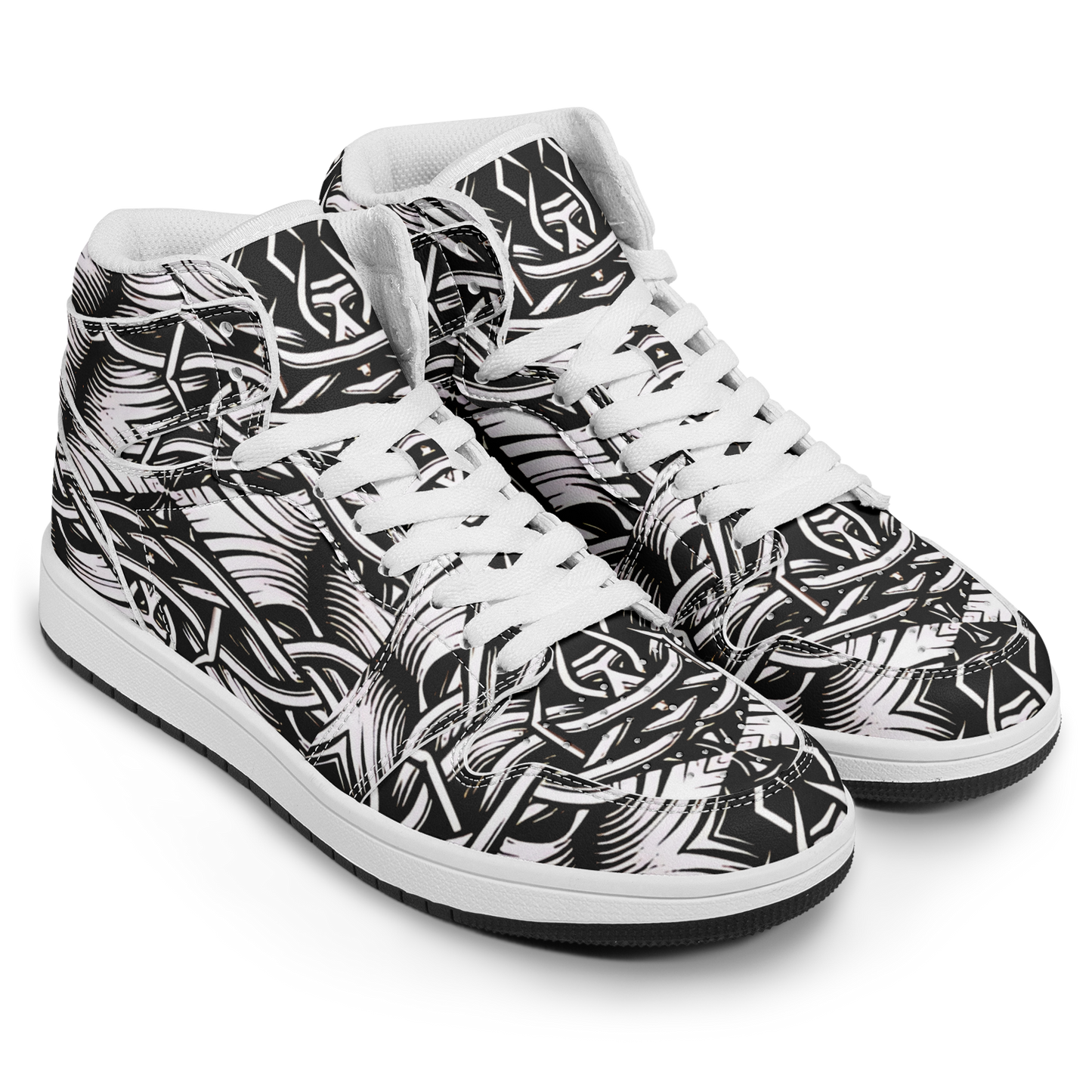 Men’s Black Intricate Silver Chain Tattoo Pattern Motion High Top Shoes