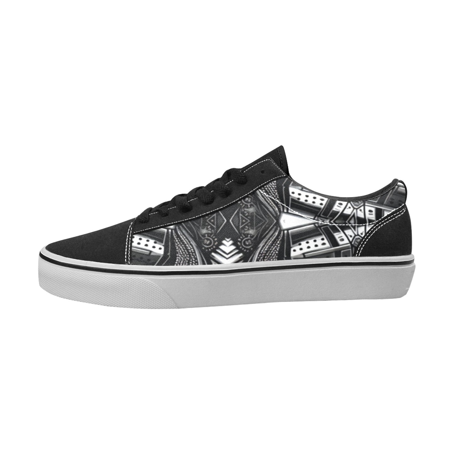 Women's Classic Black & White Geometric Pattern All Over Print Low Top Skateboarding Shoes.