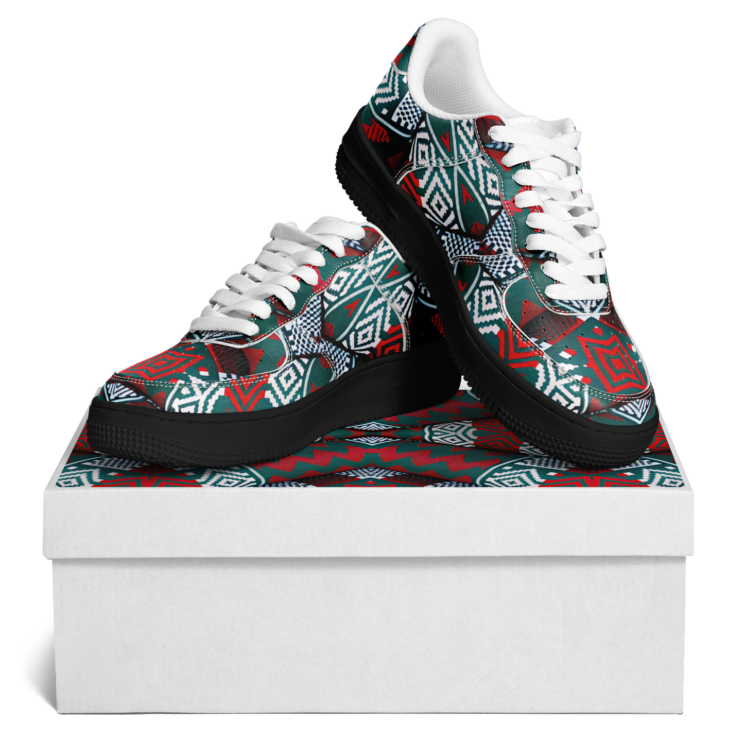 Women's Red & Teal Aztec Geo Pattern All-Over Print Core Low Shoes