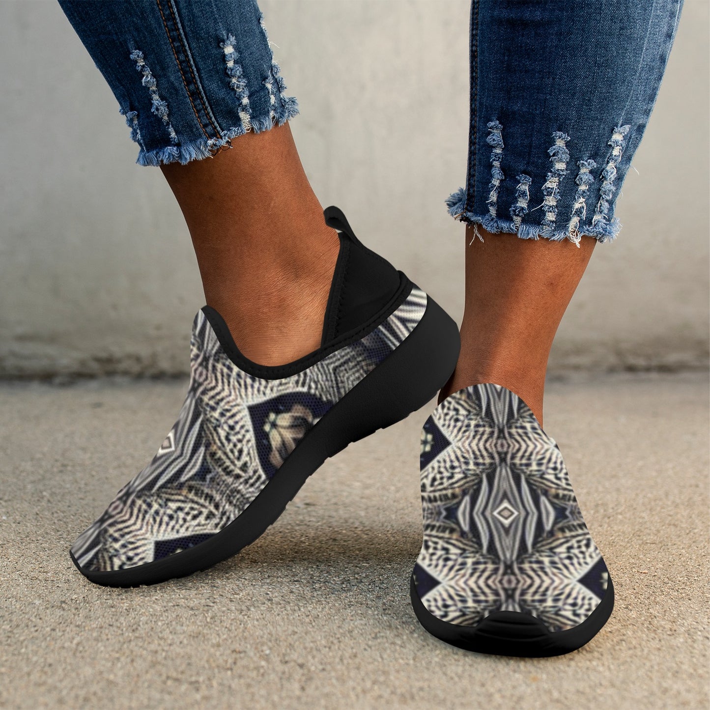 Women's Monochrome Geo Kaleidoscope Pattern All Over Print Fly Weave Drop-in Heel Sneakers.