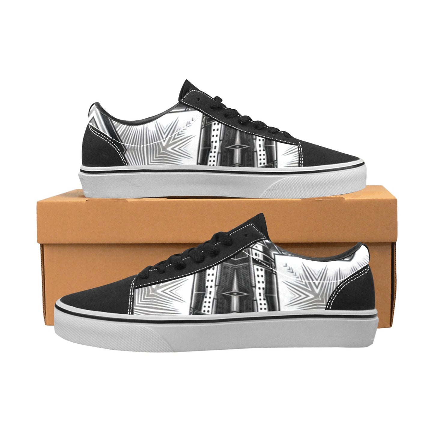 Women's Black & White Kaleidoscope Cross Pattern All Over Print Low Top Skateboarding Shoes.