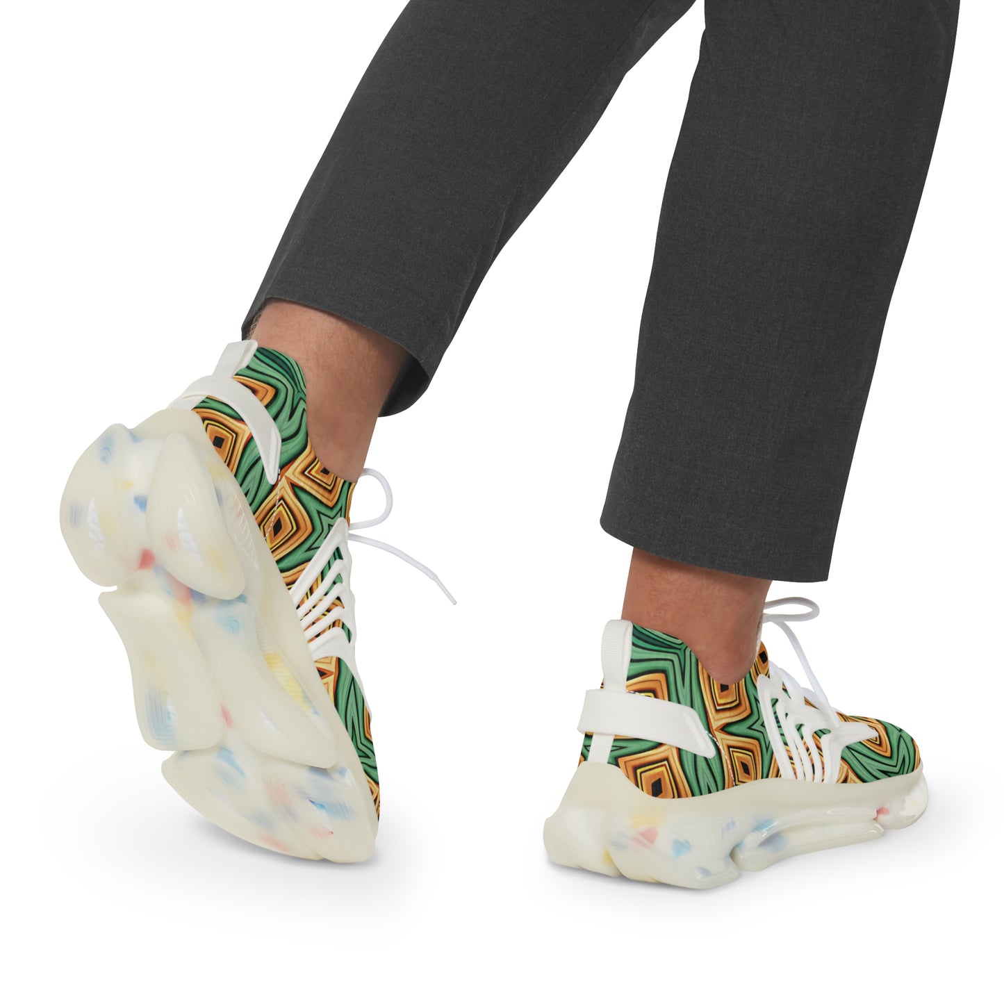 Men's Green & Gold Geometric Pattern Mesh Sneakers