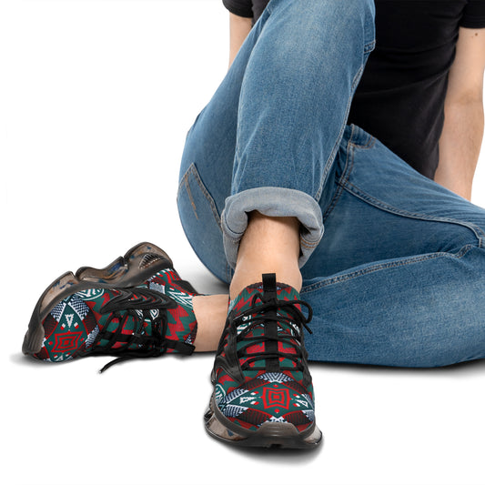 Men's Red & Teal Aztec Geo Pattern All Over Print Mesh Sneakers