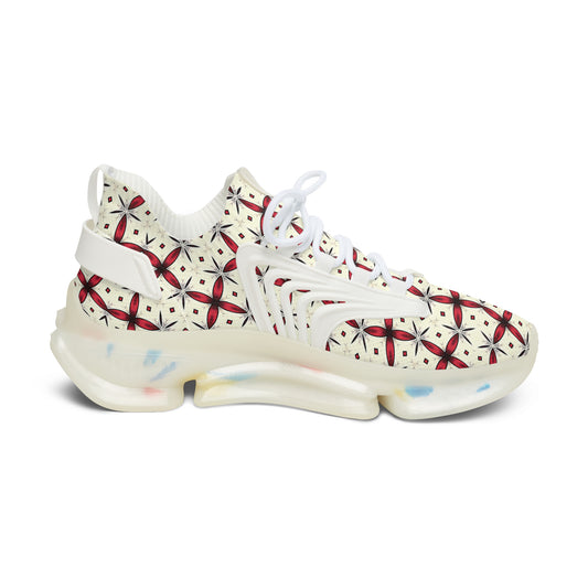 Women’s Mesh Cream Red Geometric Pattern Athletic Sneakers