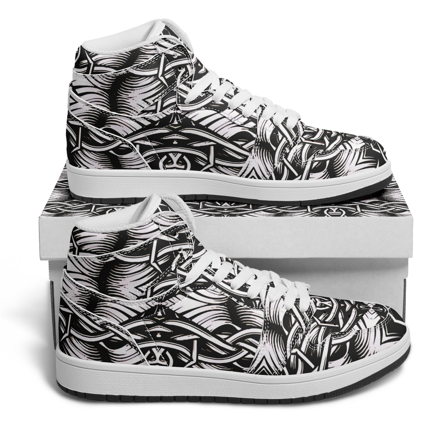 Men’s Black Intricate Silver Chain Tattoo Pattern Motion High Top Shoes
