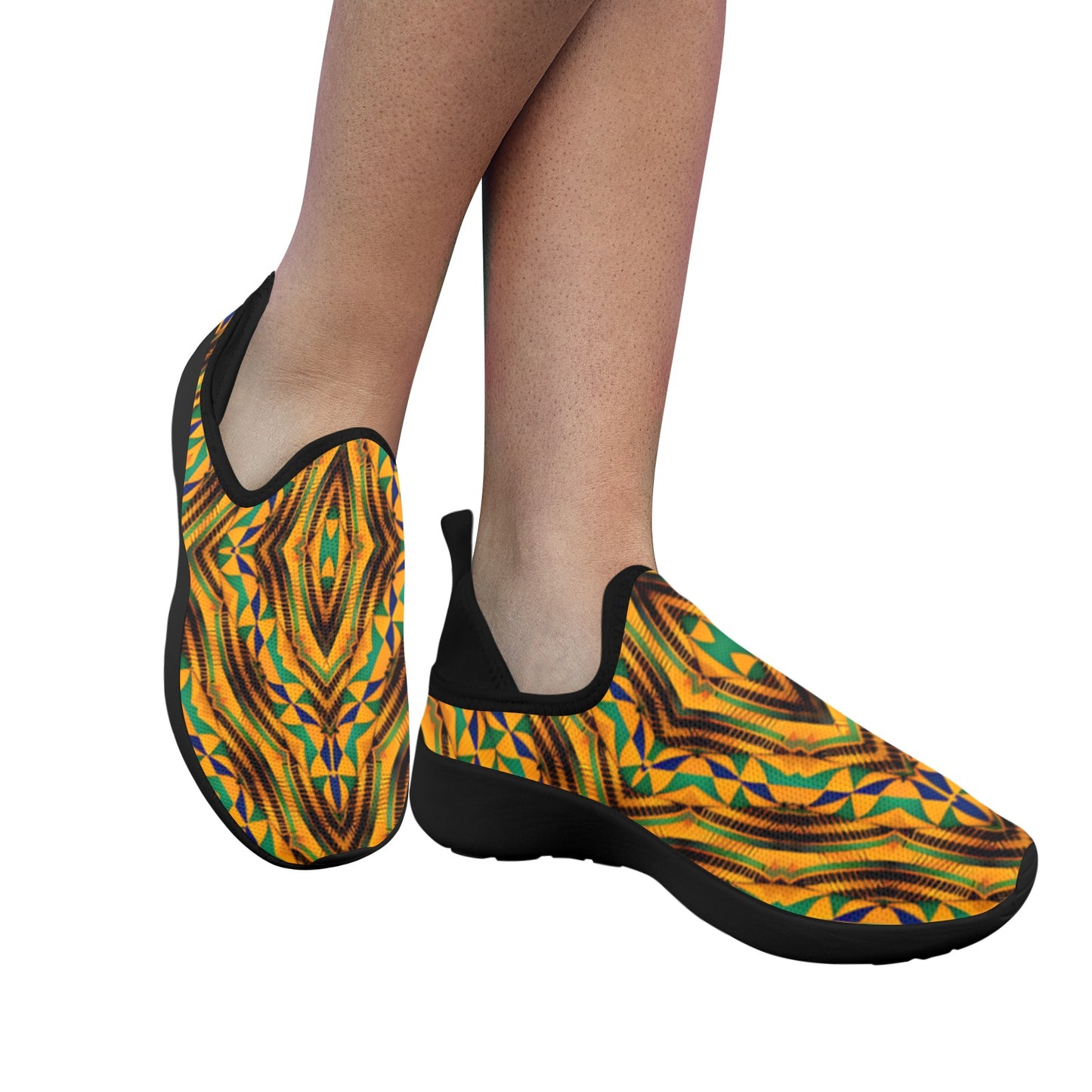 Women's Bold African Kente Inspired Pattern Fly Weave Drop-in Heel Sneakers