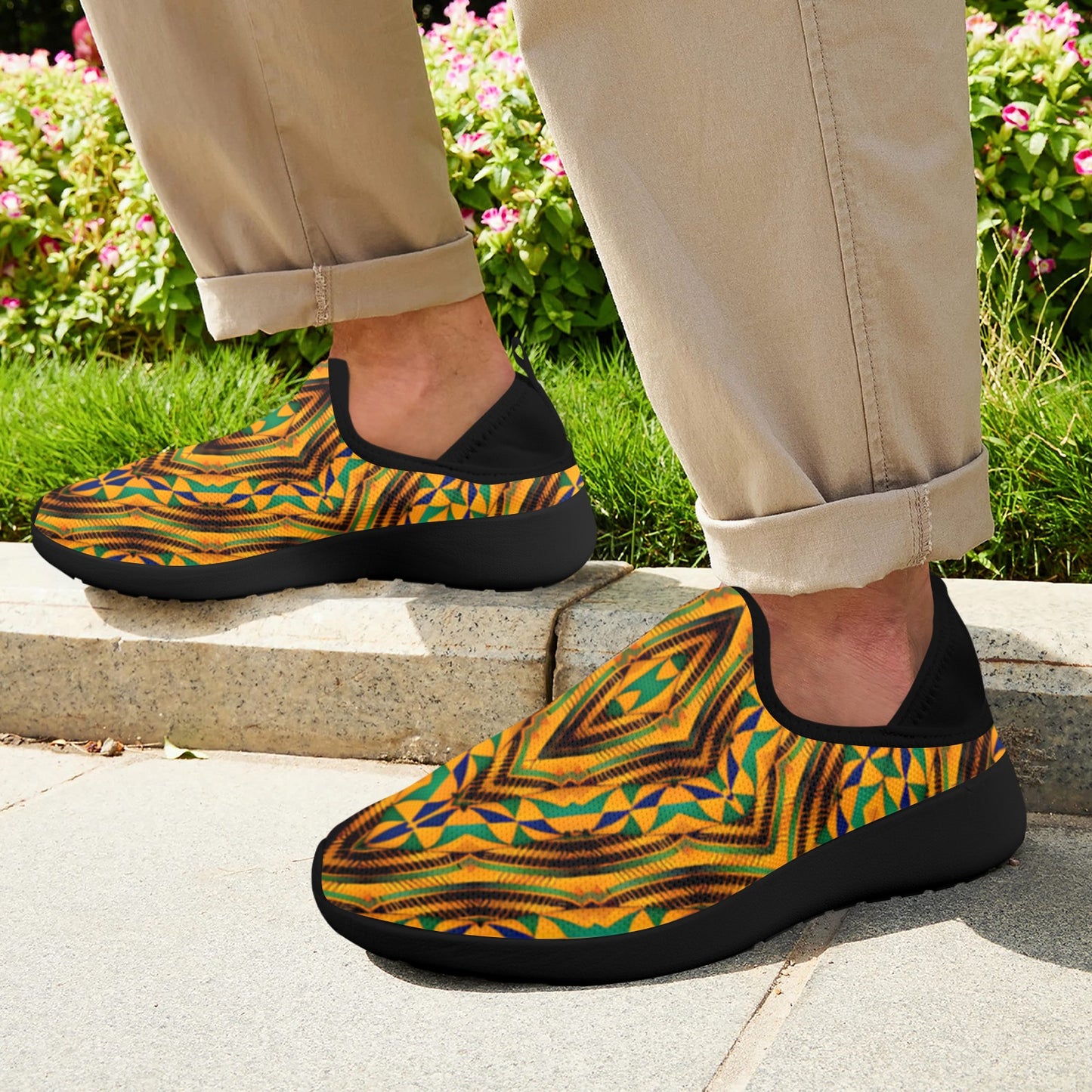 Men's Bold African Kente Inspired Pattern Fly Weave Drop-in Heel Sneakers