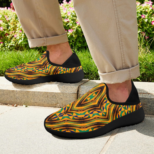Men's Bold African Kente Inspired Pattern Fly Weave Drop-in Heel Sneakers