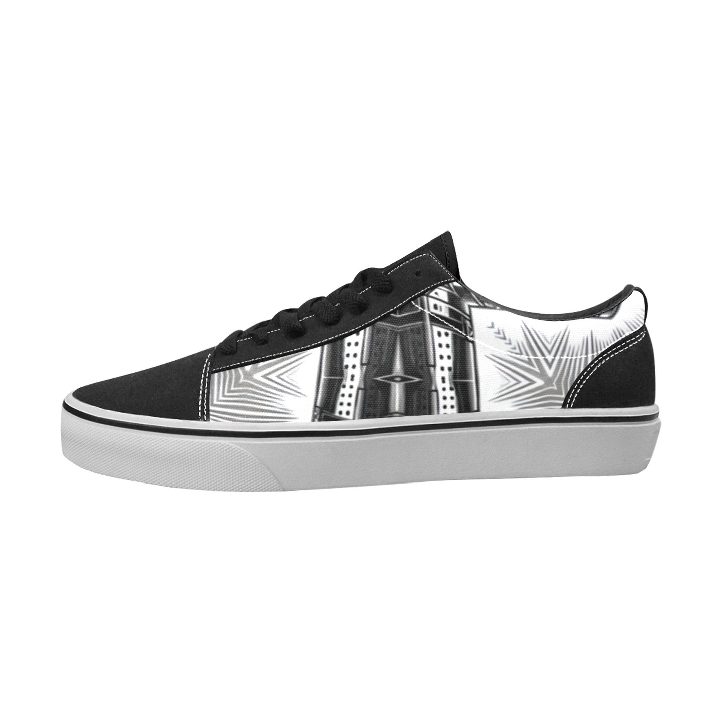 Women's Black & White Kaleidoscope Cross Pattern All Over Print Low Top Skateboarding Shoes.