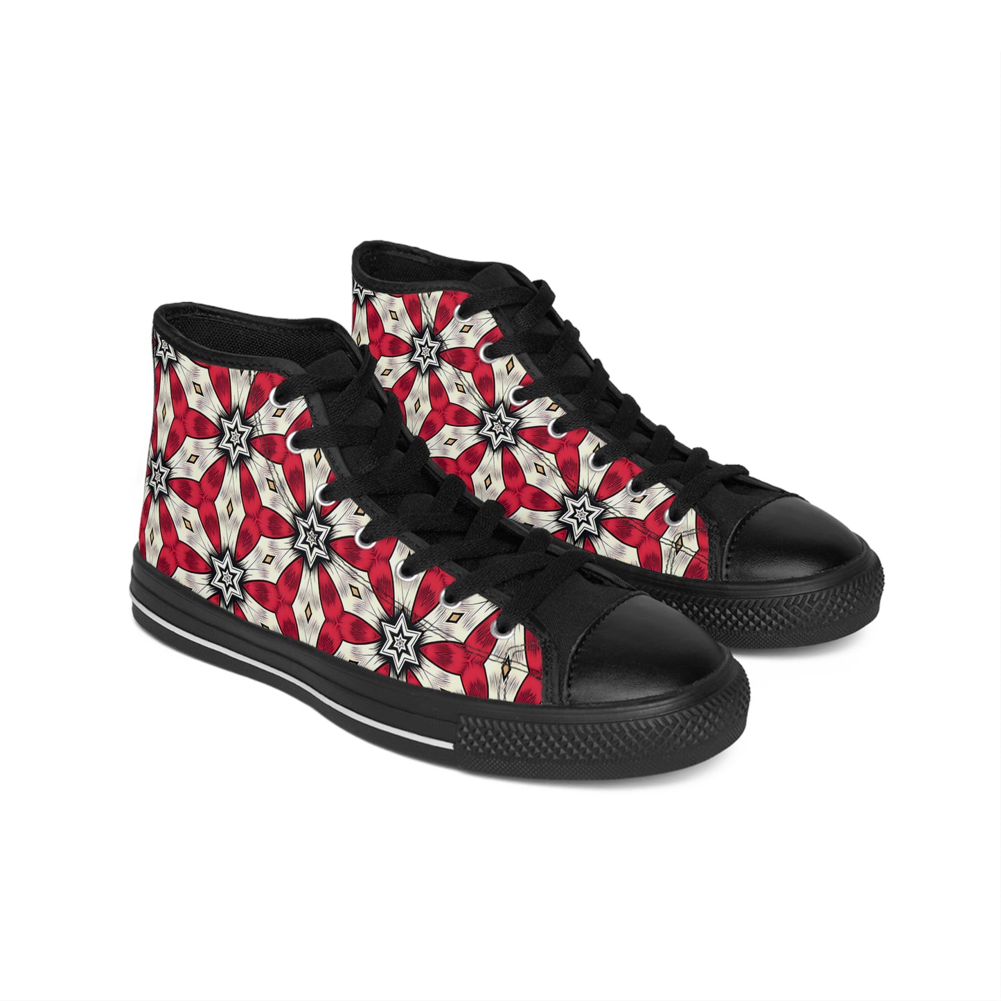 Men's Red & White Geometric Star Pattern High-Top Sneakers