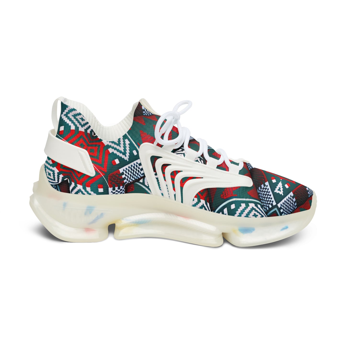 Women's Red & Teal Aztec Geo Pattern All Over Print Mesh Sneakers