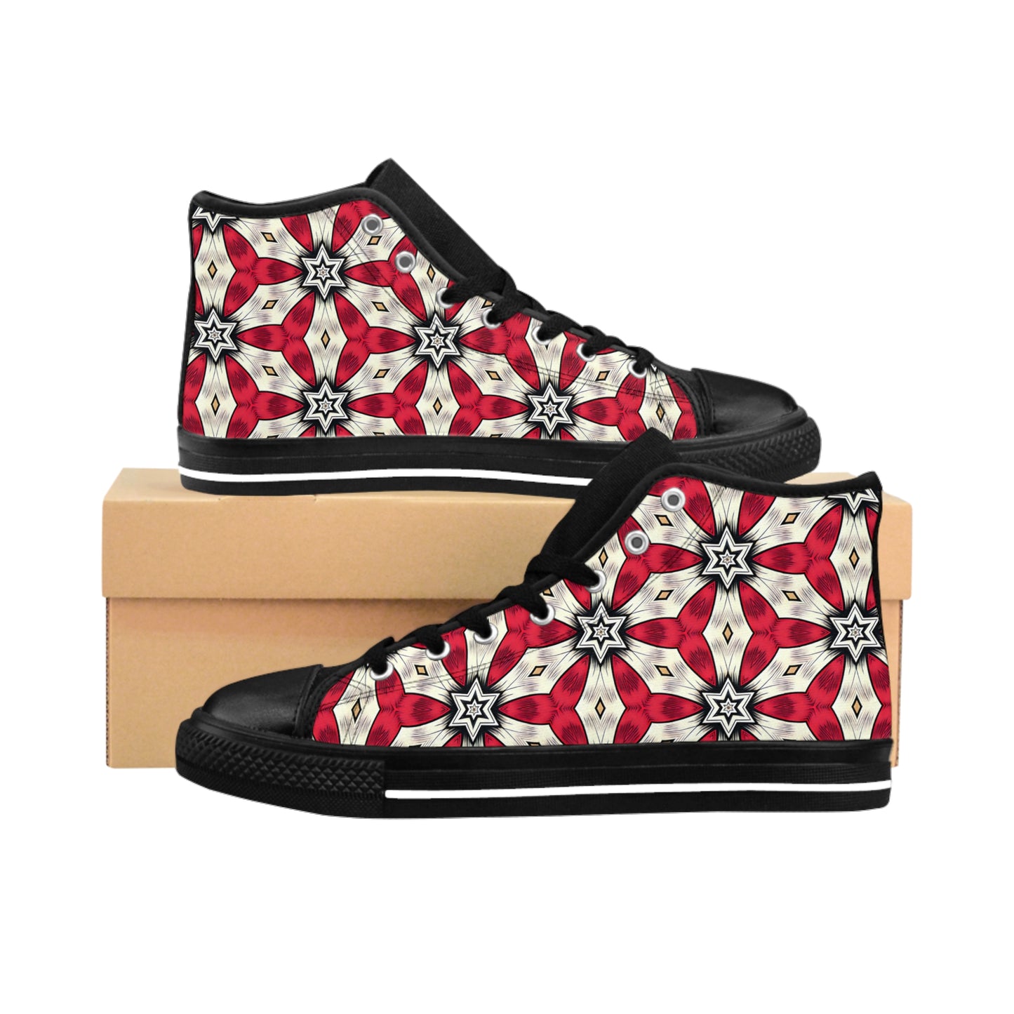 Men's Red & White Geometric Star Pattern High-Top Sneakers