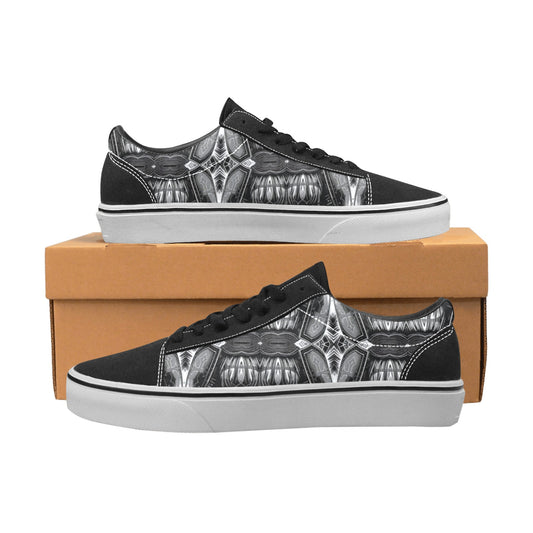 Women's Black & Silver Symmetry Pattern All-Over Print Low Top Skateboarding Shoes.