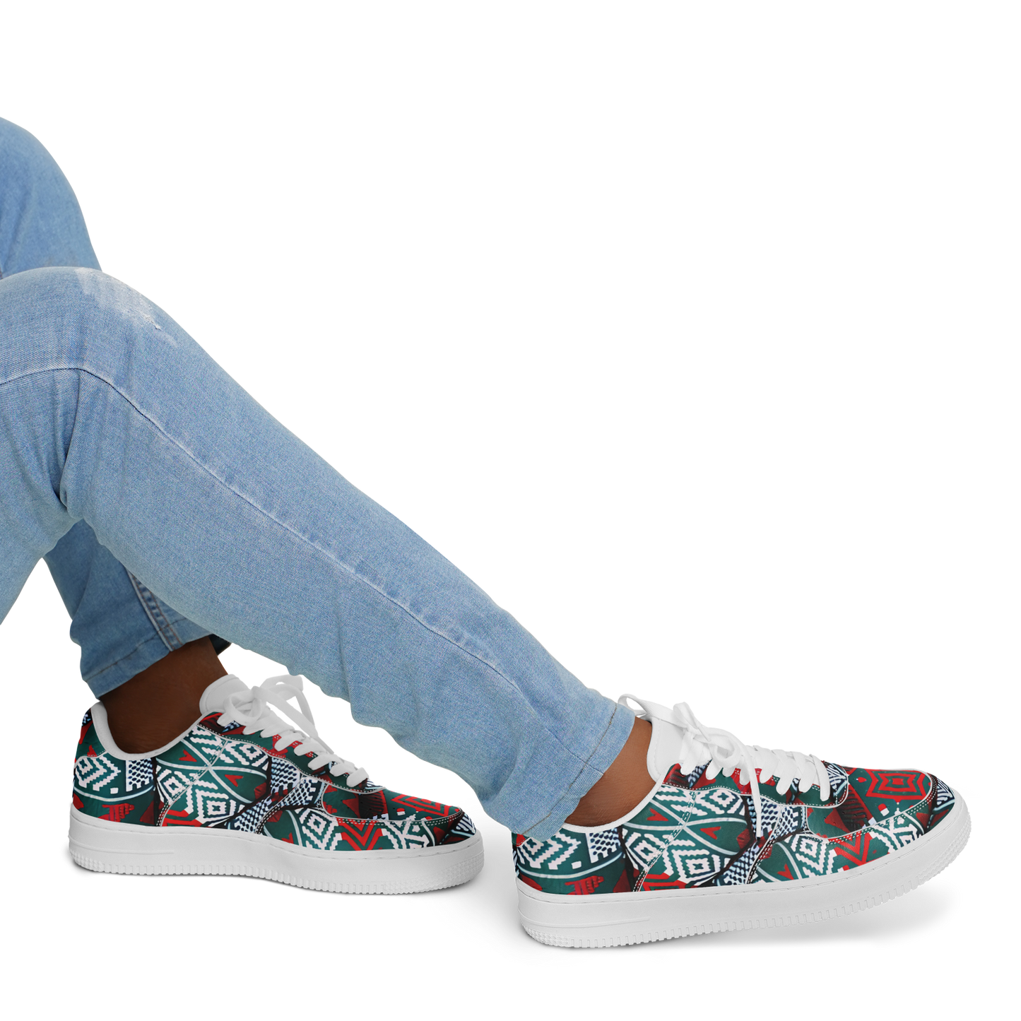 Men's Red & Teal Aztec Geo Pattern All-Over Print Core Low Shoes