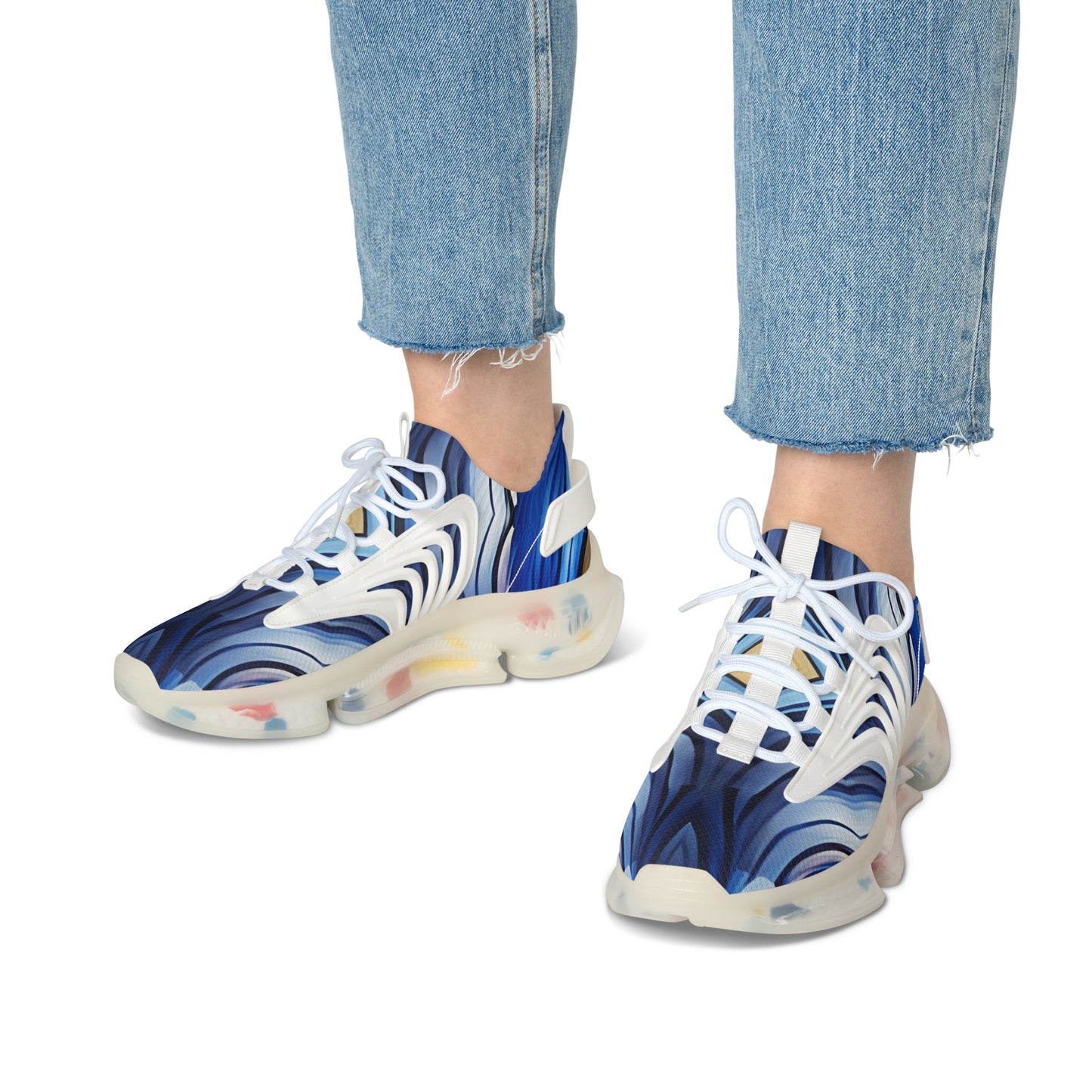 Women's Blue Wave Abstract Pattern All Over Print Mesh Sneakers