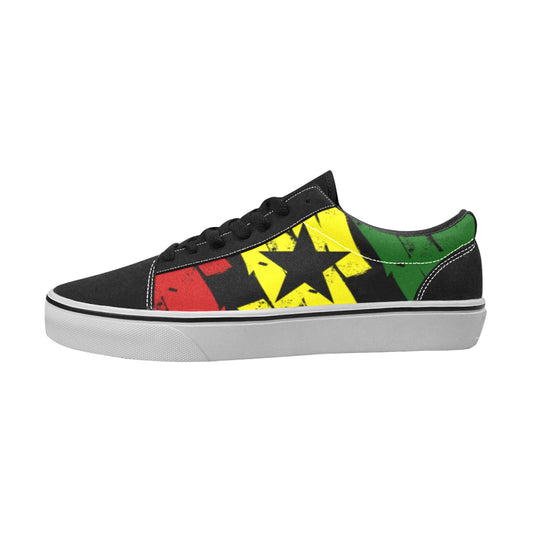 Women's Red Yellow Green and Black Stars Low Top Skateboarding Shoes.