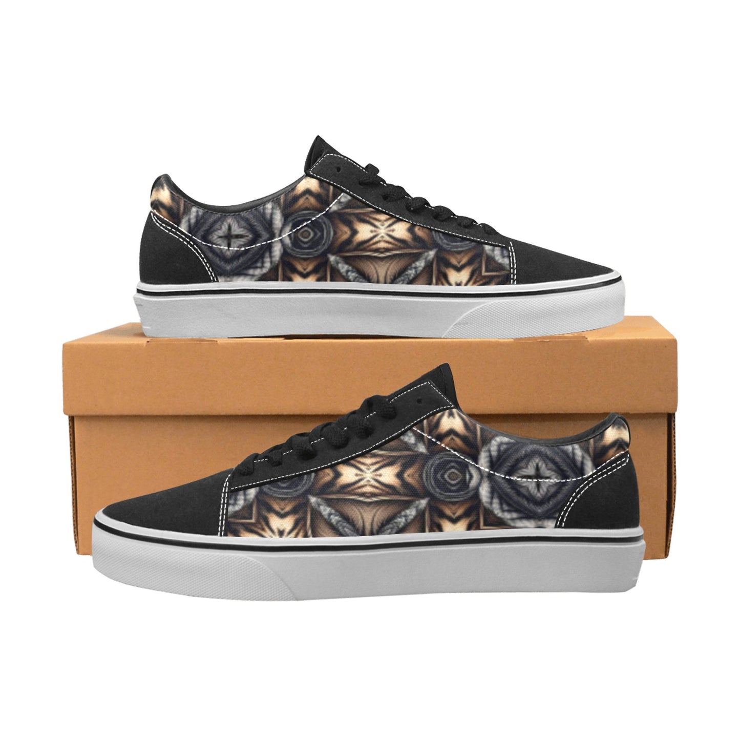 Men's Geometric Kaleidoscope Brown Pattern All Over Print Low Top Skateboarding Shoes