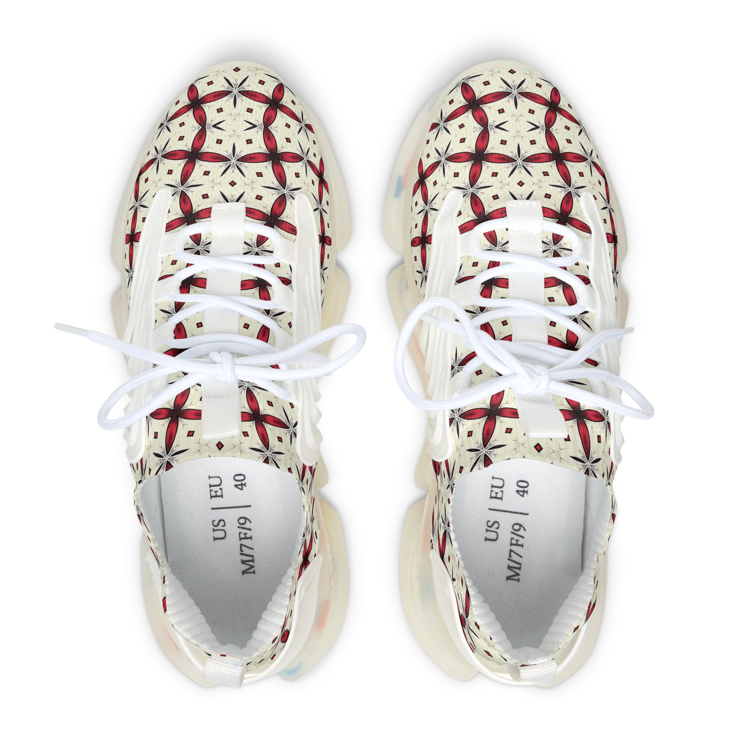 Women’s Mesh Cream Red Geometric Pattern Athletic Sneakers