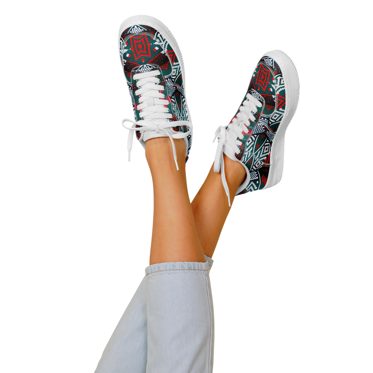 Women's Red & Teal Aztec Geo Pattern All-Over Print Core Low Shoes