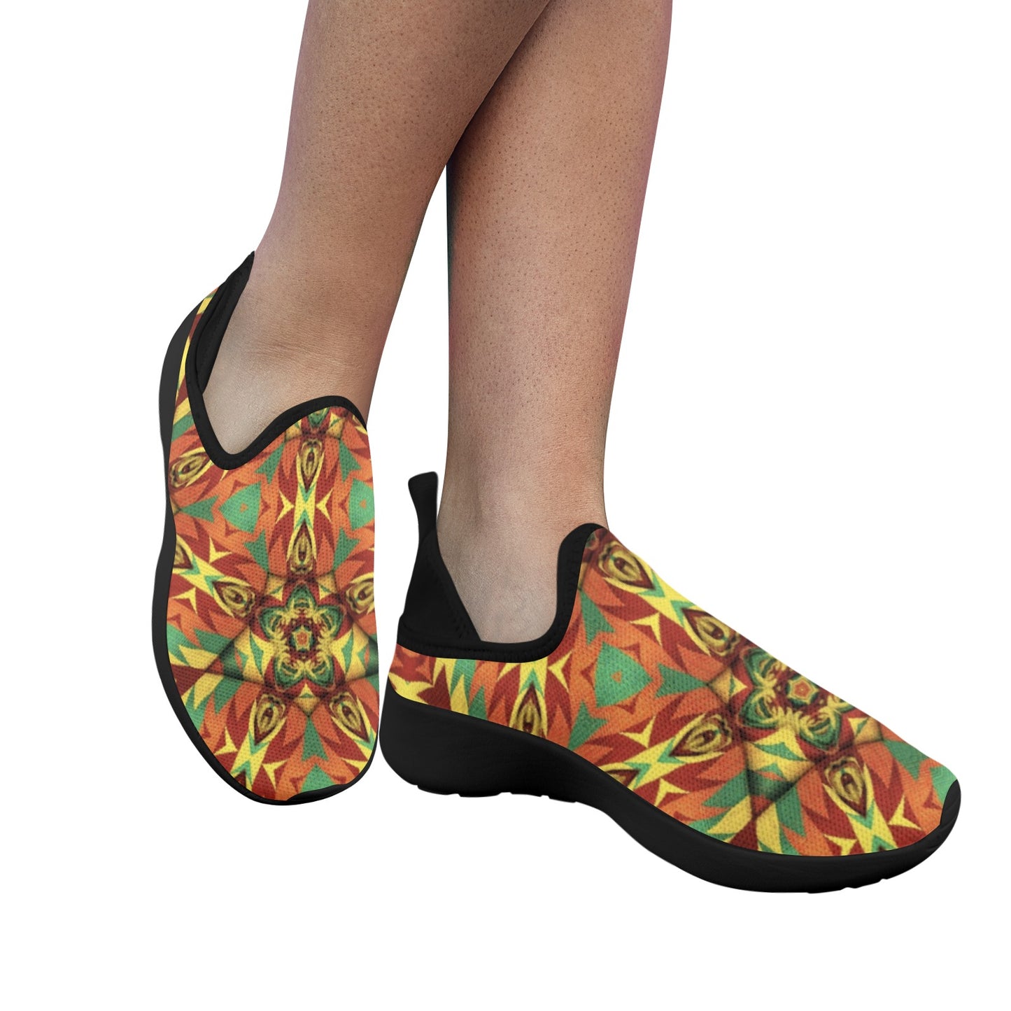 Women's  Bold Tribal Kaleidoscope Pattern Fly Weave Drop-in Heel Sneakers