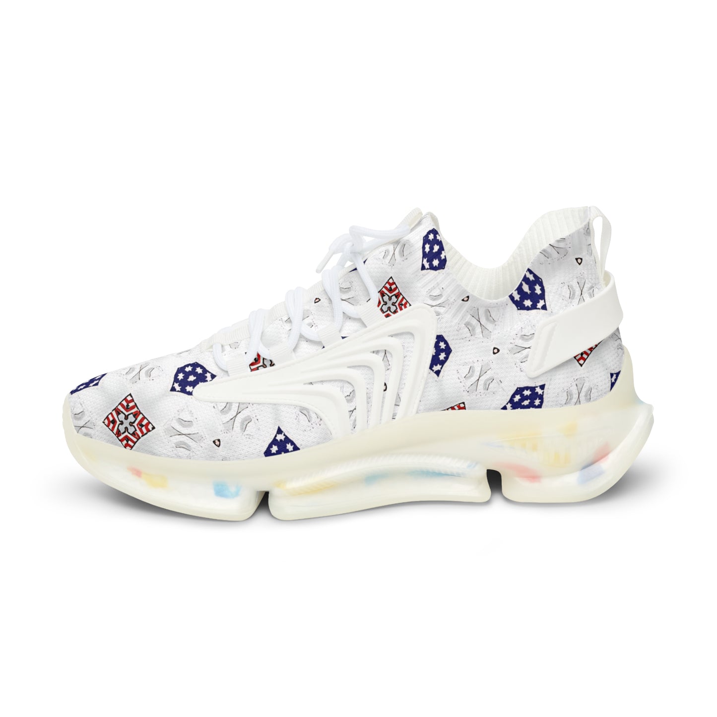 Men's White Blue & Red Patterned Mesh Sneakers