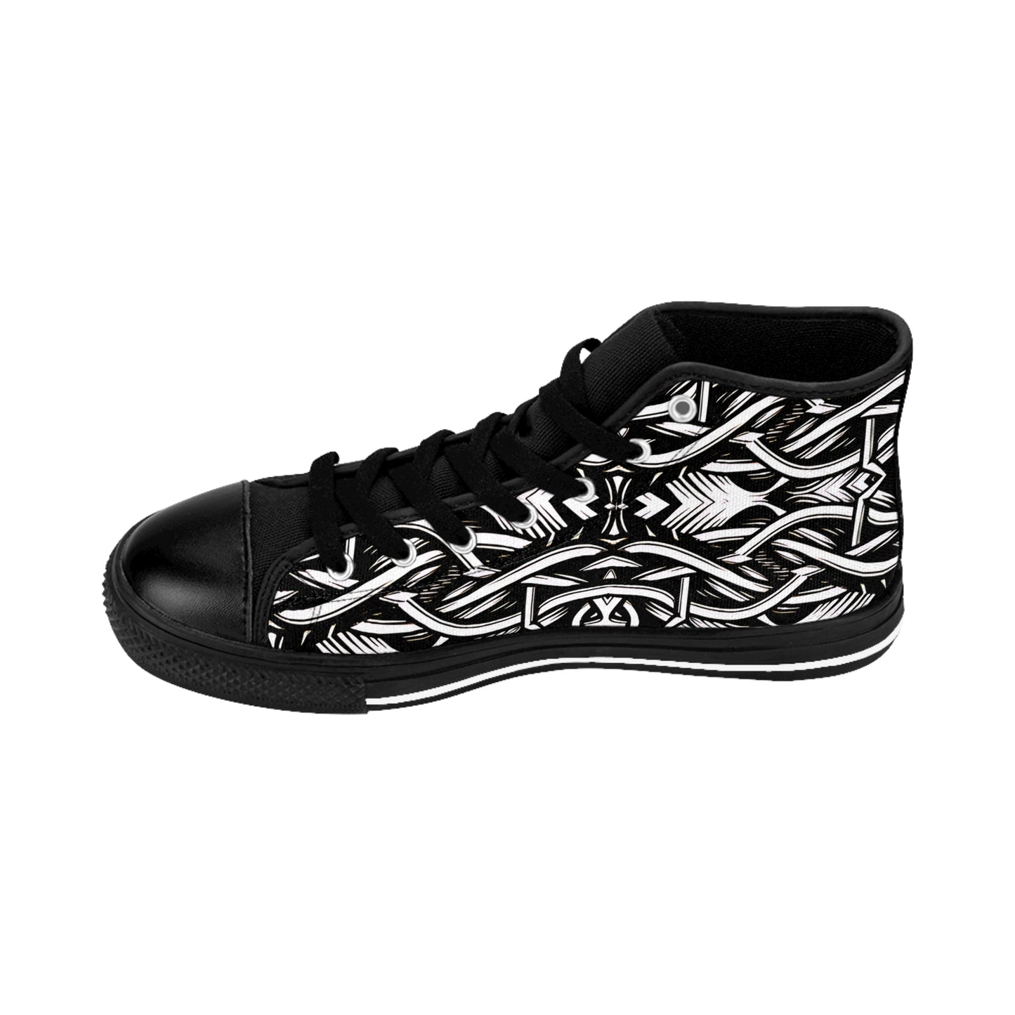Men's Black Intricate Silver Chain Tattoo Pattern High-Top Sneakers