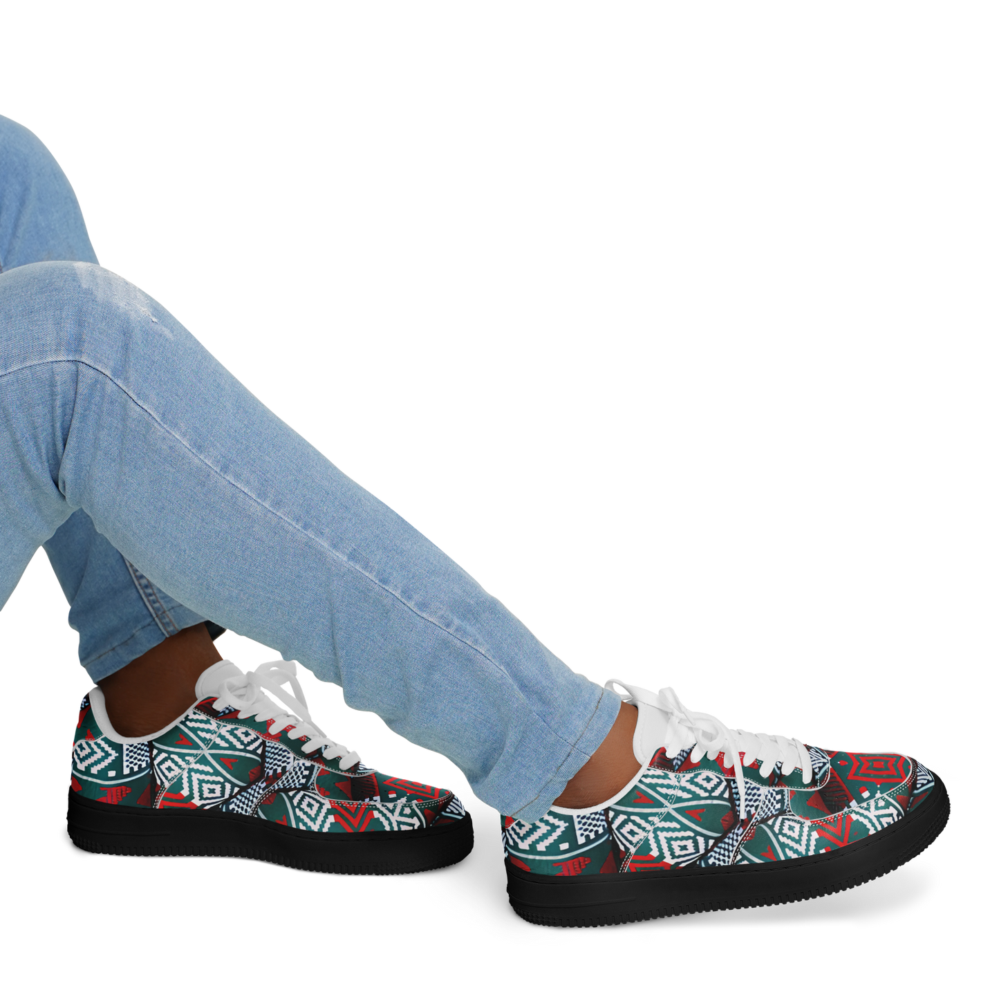 Men's Red & Teal Aztec Geo Pattern All-Over Print Core Low Shoes