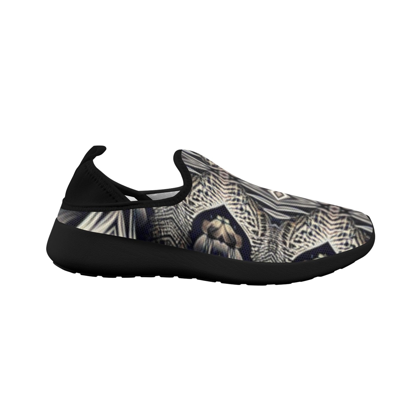 Women's Monochrome Geo Kaleidoscope Pattern All Over Print Fly Weave Drop-in Heel Sneakers.