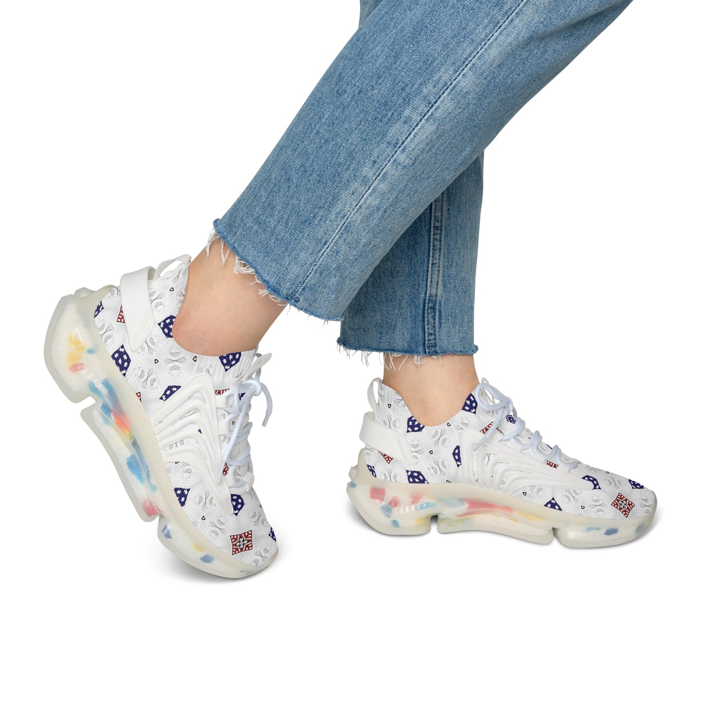 Women’s White Blue & Red Patterned Mesh Sneakers