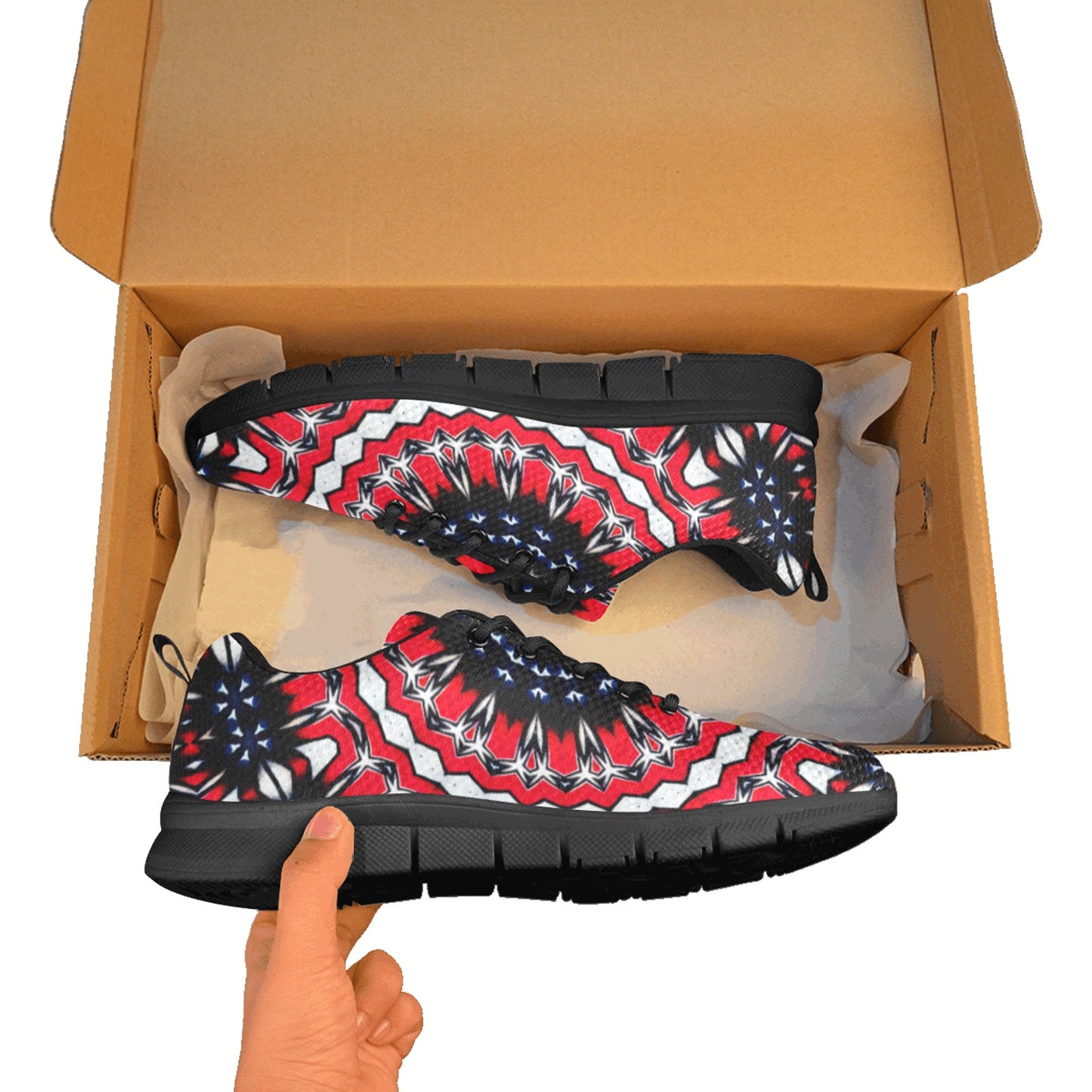 Men's Red, Black & White Psychedelic Pattern All-Over Print Breathable Running Shoes