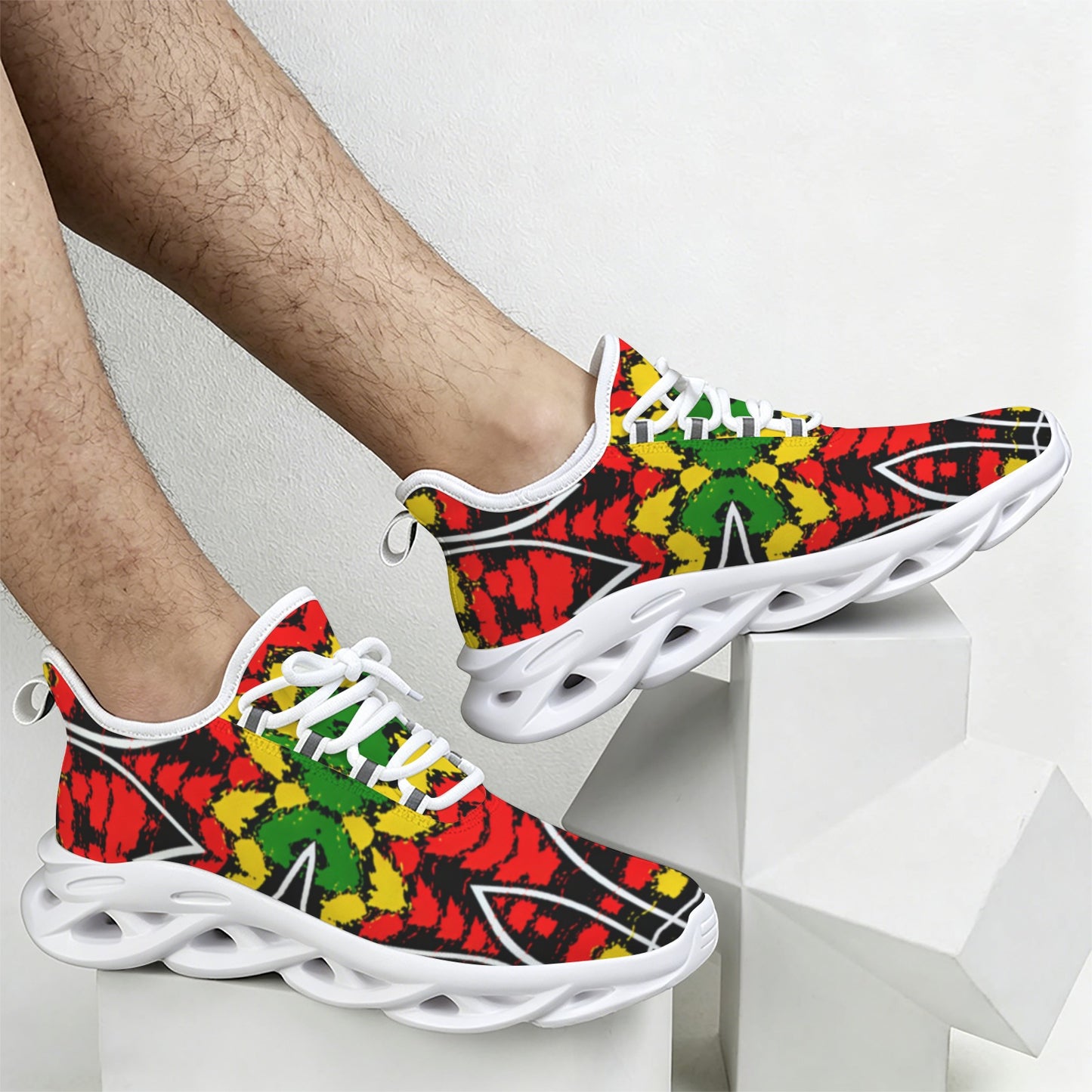 Men's Red Yellow Green and Black Stars Pattern All Over Print Twisted Sole Sneakers