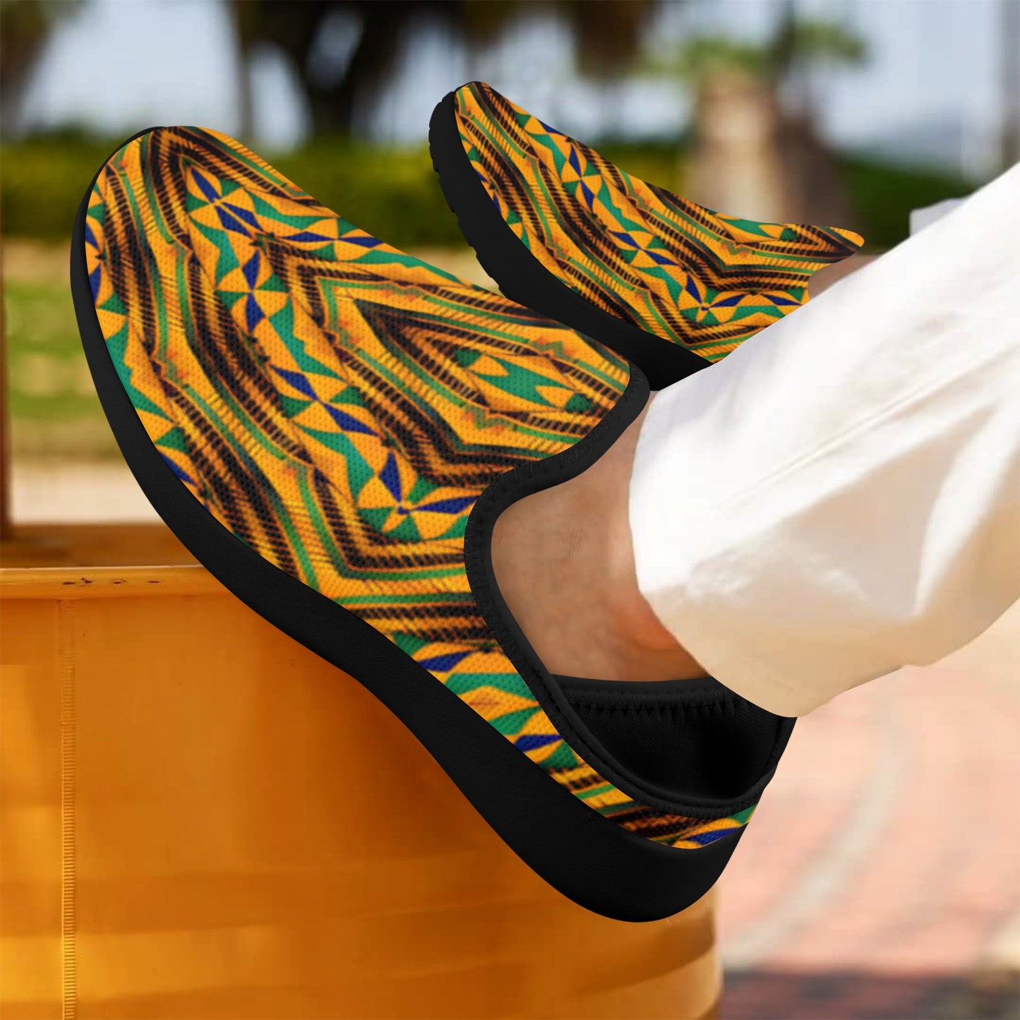 Men's Bold African Kente Inspired Pattern Fly Weave Drop-in Heel Sneakers