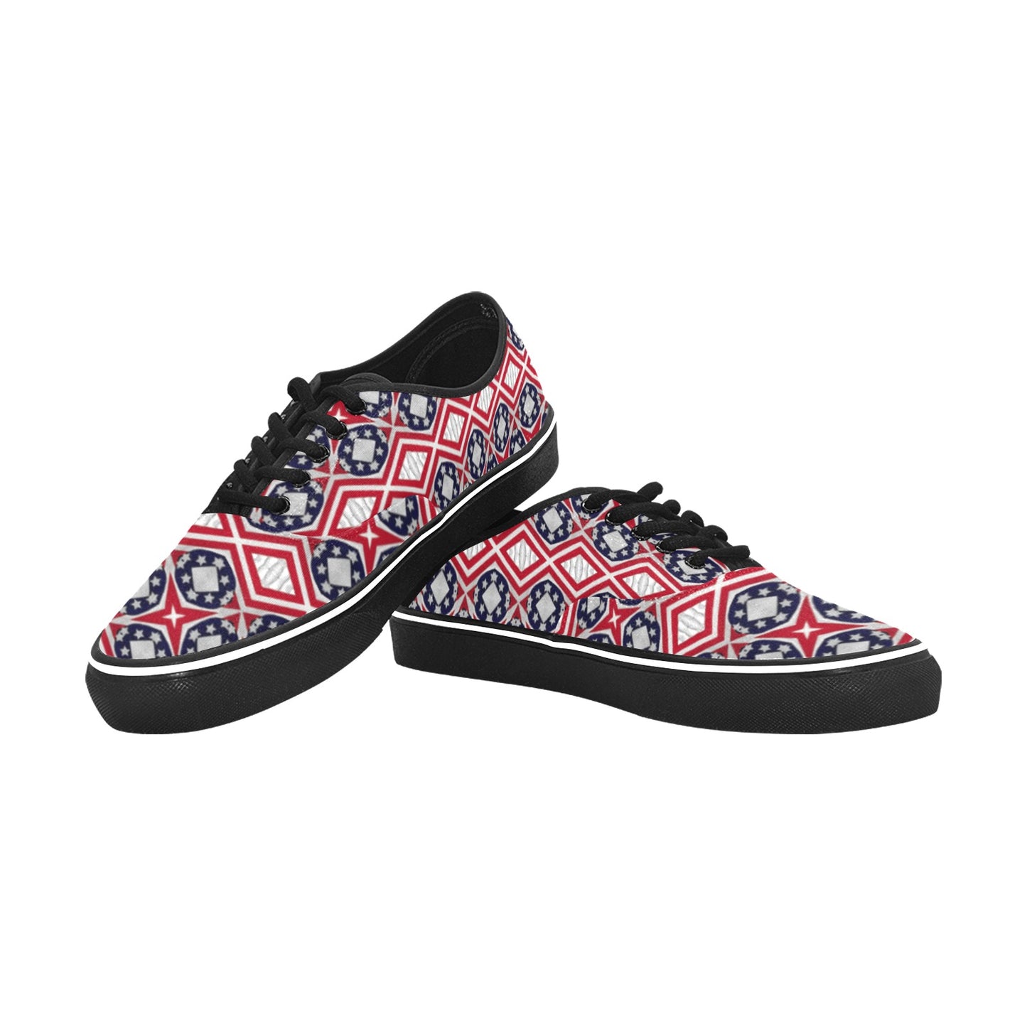 Women's Patriotic Red White Blue Geometric All Over Print Classic Canvas Low Top Shoes.