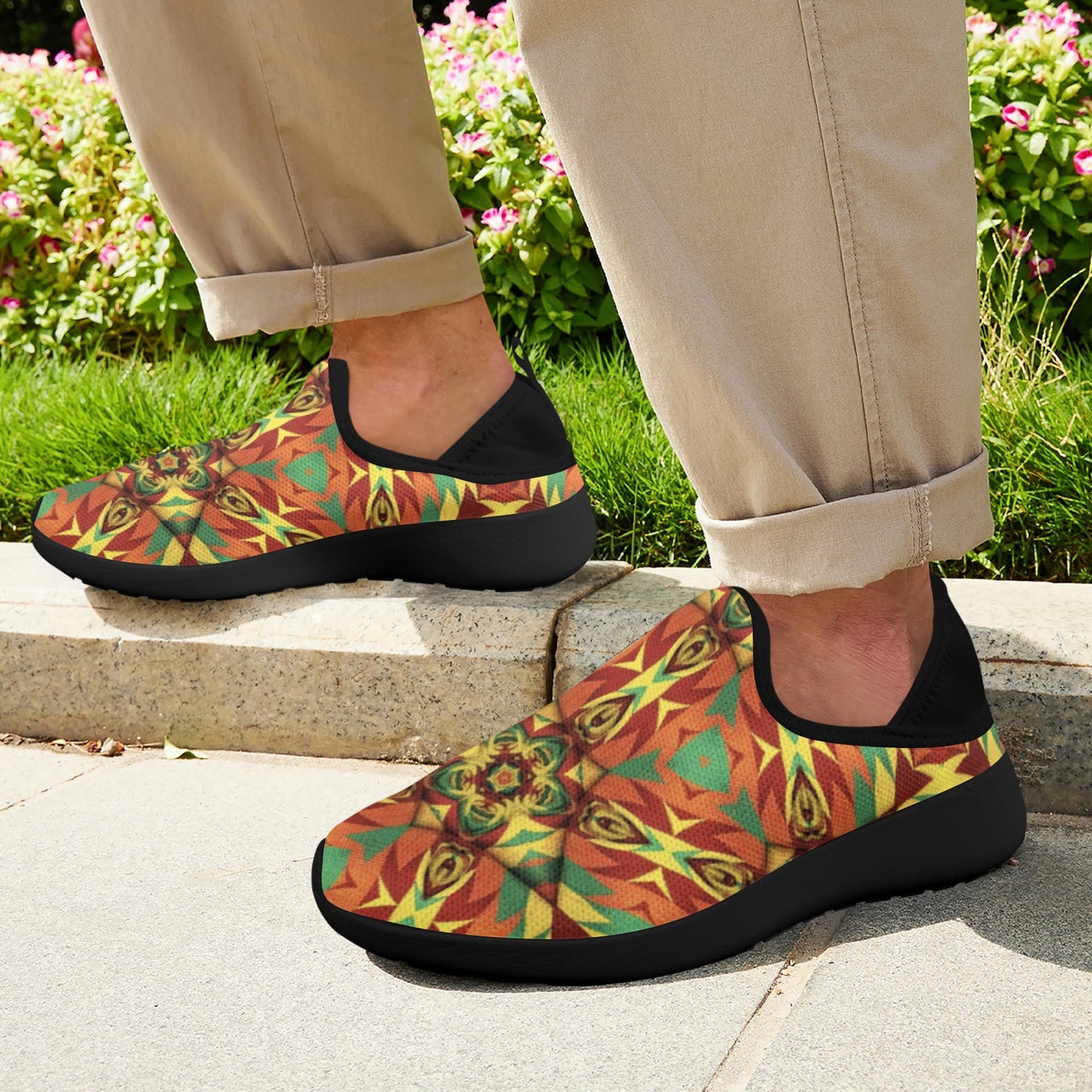Men's  Bold Tribal Kaleidoscope Pattern Fly Weave Drop-in Heel Sneakers