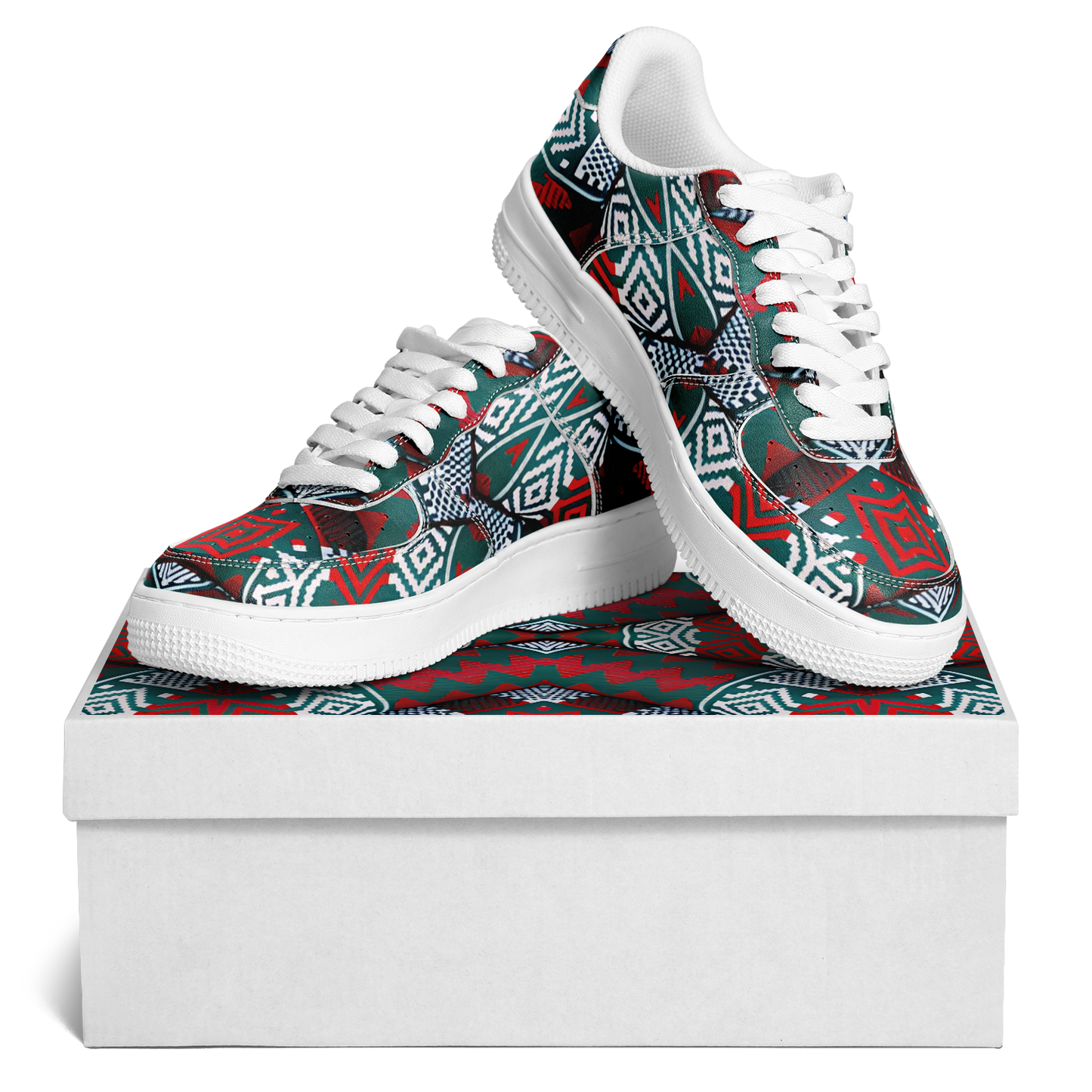 Men's Red & Teal Aztec Geo Pattern All-Over Print Core Low Shoes