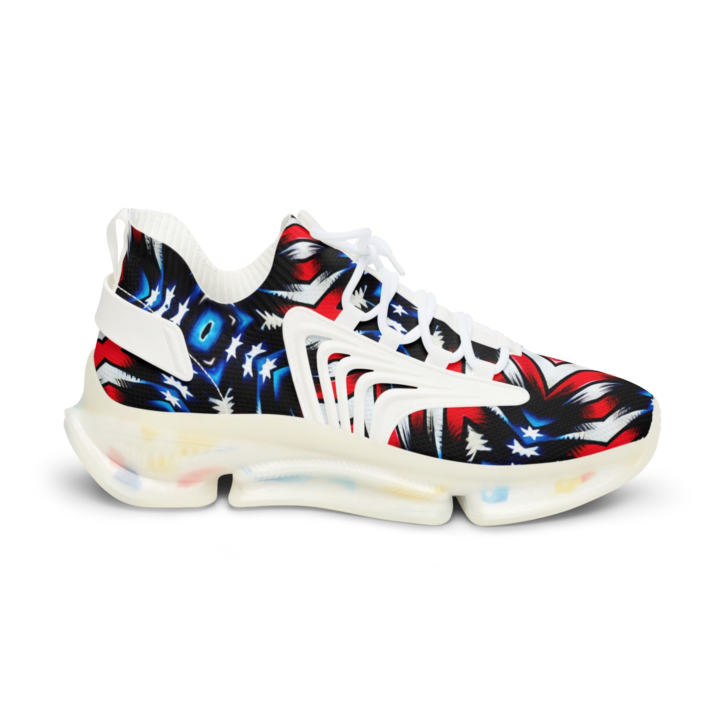 Men's Bold Red, White & Blue Geometric Pattern All Over Print Mesh Sneakers