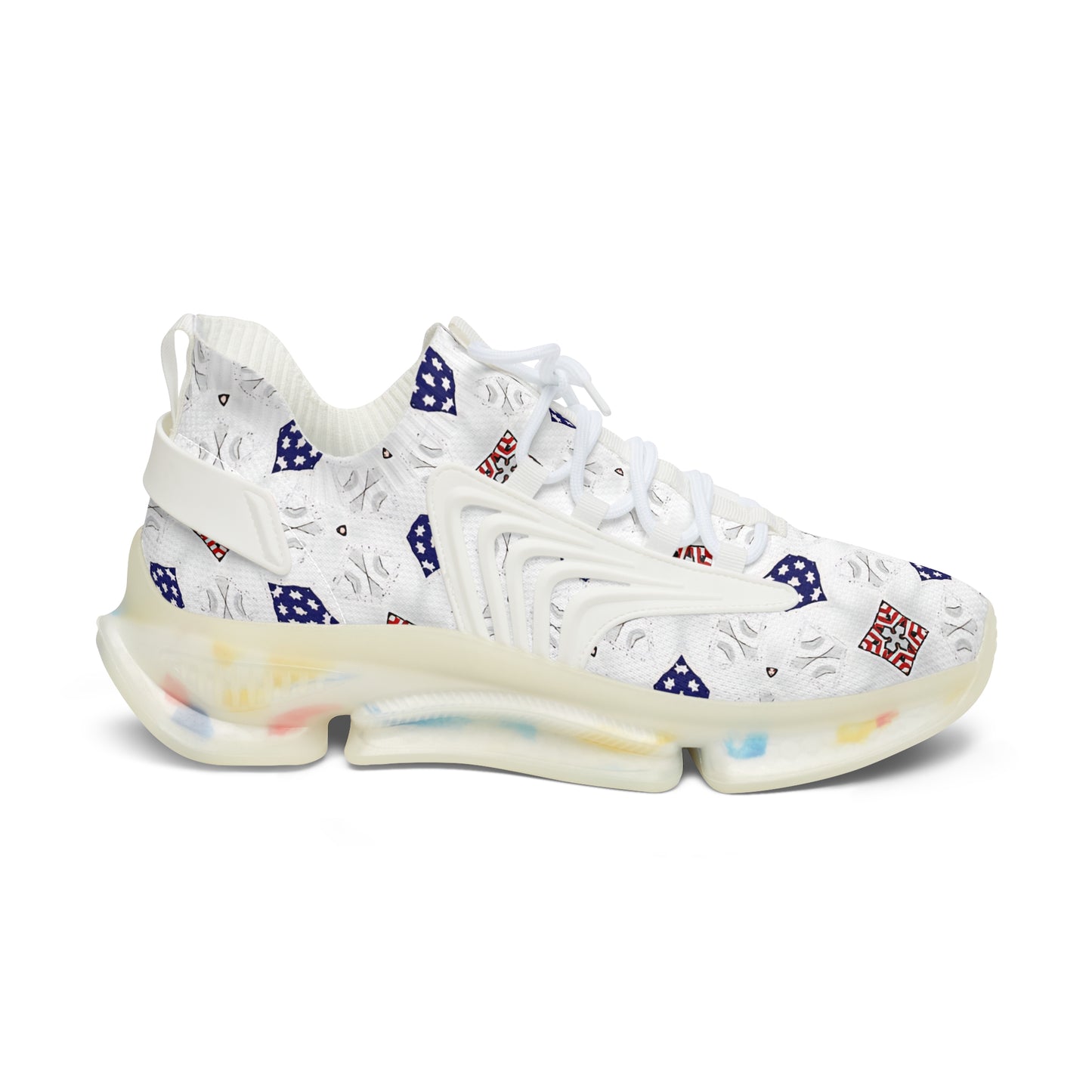 Women’s White Blue & Red Patterned Mesh Sneakers