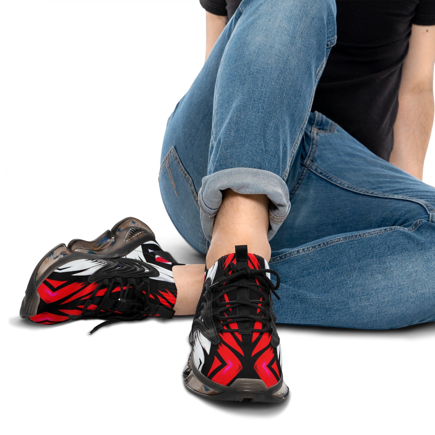 Men's Red Black & White Geometric Pattern All Over Print Mesh Workout Sneakers