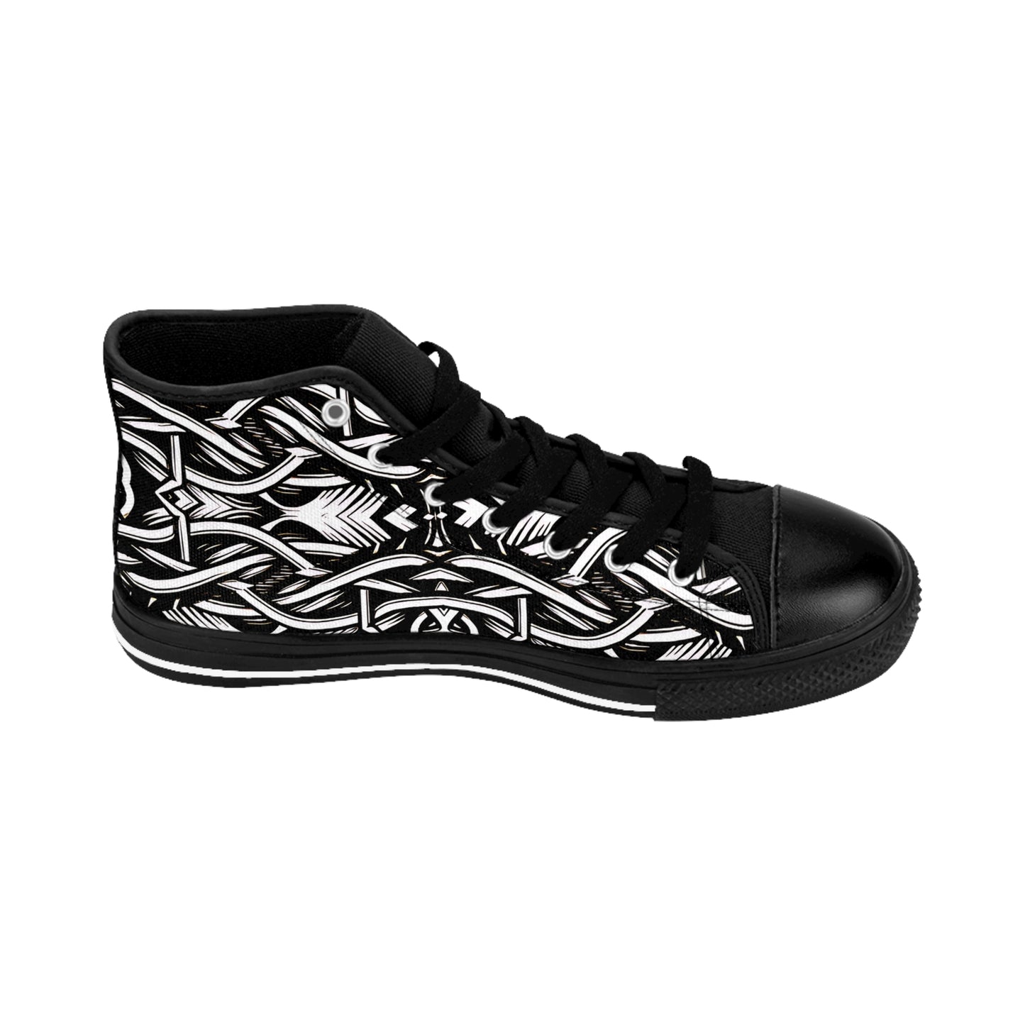Men's Black Intricate Silver Chain Tattoo Pattern High-Top Sneakers