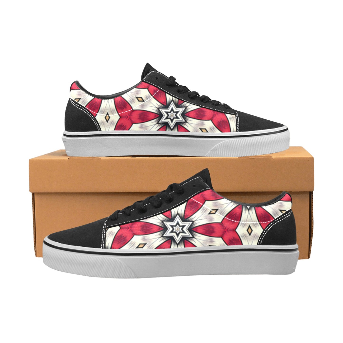Women's Red & White Geometric Star Pattern Low Top Skateboarding Shoes.