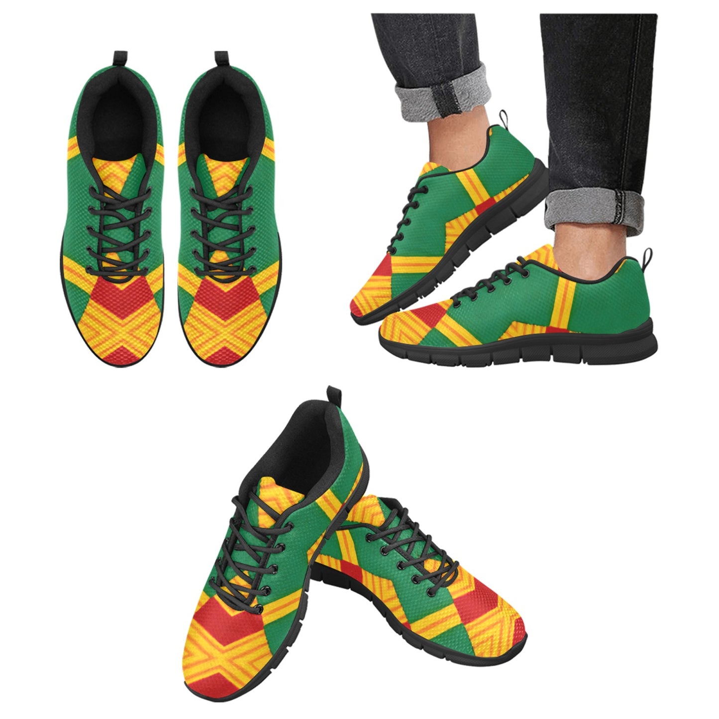 Women Bold Green, Red & Gold African Kente-Inspired Pattern All-Over Print Running Shoes