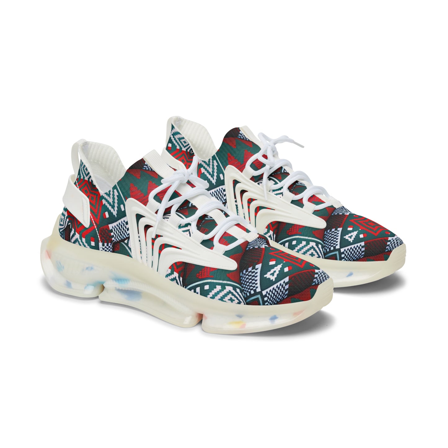Women's Red & Teal Aztec Geo Pattern All Over Print Mesh Sneakers