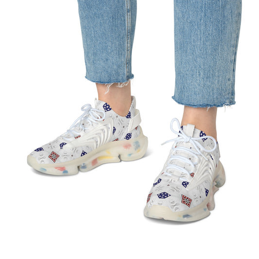 Women’s White Blue & Red Patterned Mesh Sneakers