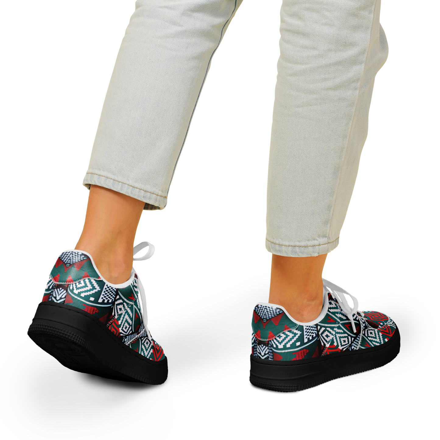 Women's Red & Teal Aztec Geo Pattern All-Over Print Core Low Shoes