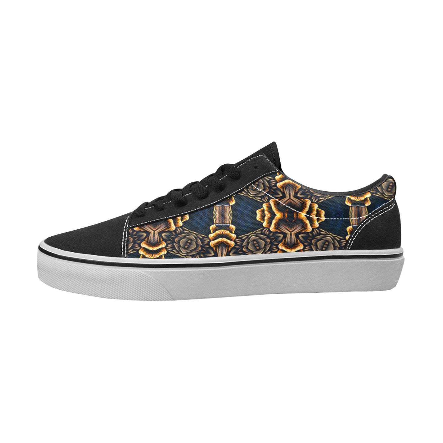 Men's Geometric Gold & Black Pattern Low Top Skateboarding Shoes.